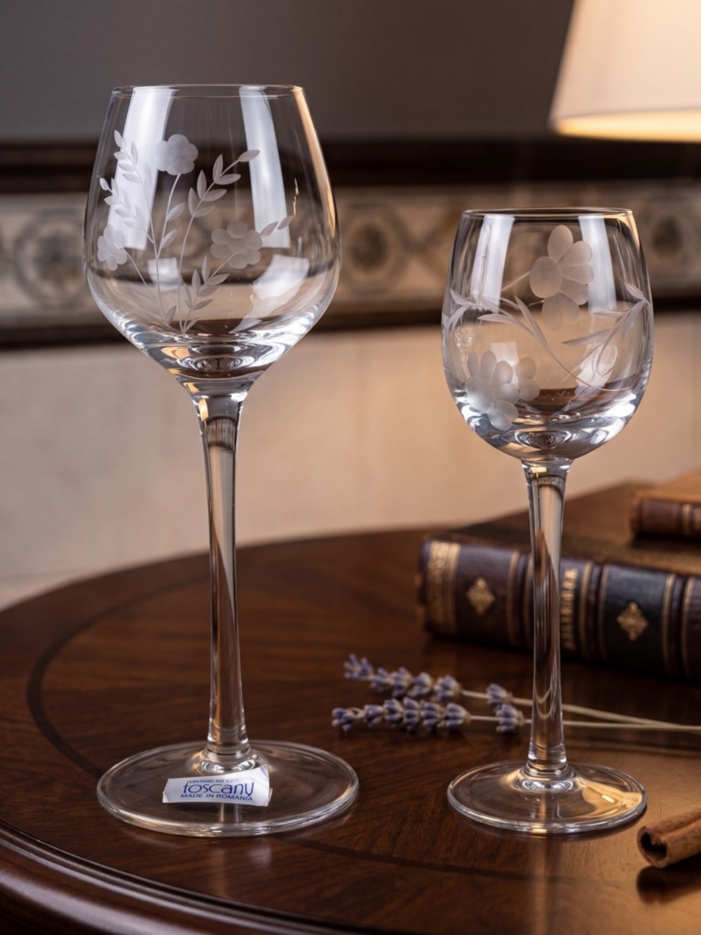 Vintage Etched Floral Wine Glass Pair – Toscany Hand Blown & Companion Glass